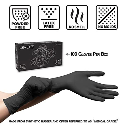 L3 Level 3 Nitrile Gloves - Professional Heavy Duty Disposable Gloves - Latex Free - Fits Snug - Box of 100 - color: Black, size: Large (Pack of 100)