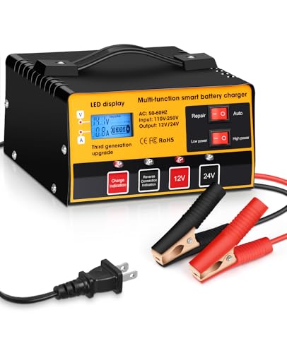 Outerman Car Battery Charger,12V-12A/24V-8.5AMH Smart Automatic Battery Charger,High/Low Power Trickle Charger Battery Maintainer and Desulfator,for Motorcycle Lawn Mower Marine Lead Acid Batteries - color: Black Yellow