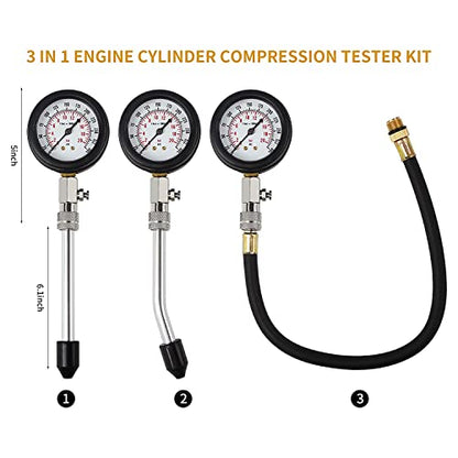 8PCS Compression Tester, Engine Compression Tester kit Professional Petrol Gas Engine Cylinder Pressure Gauge 0-300 PSI Automotive Tool for Motorcycle Car Truck (Plastic Black)