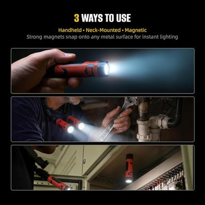 CLAKAP LED Neck Light, 800Lumens Rechargeable Neck Flashlight with Magnetic Base, Detachable Neck Work Light with 2 Small Flashlights, Neck Work Lamp for Repair Mechanics Reading Gift for Men&Women