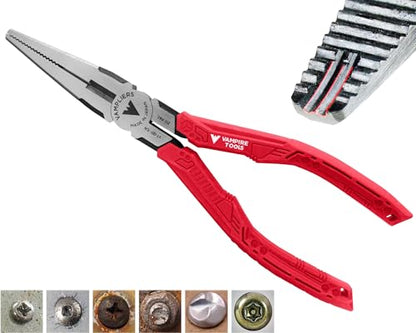 VAMPLIERS 7.5" Stripped Screw Extractor Needle Nose Pliers. Made in Japan. Time-Saving Long Nose Screw Removal Plier for Removing Damaged Fasteners in Confined Spaces. - style: 7.5" Long Nose Pliers