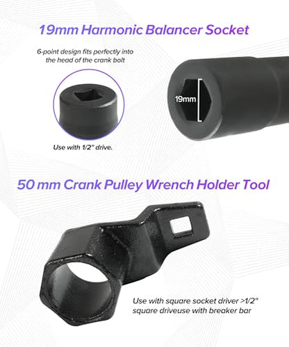 Crank Pulley Removal Tool,Car Accessories Deep Counter-Weighted Socket Tools,9mm Harmonic Balancer Socket,50mm Crankshaft Pulley Holder,Used for Cranks Bolt Removal and Installation