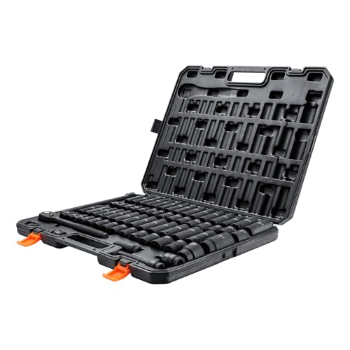 VEVOR 1/2" Drive Impact Socket Set 65 Piece, 3/8" to 1-1/4" and 10-24mm | SAE and Metric, 6 Point Cr-V Alloy Steel, Easy-to-Read Size Markings, Rugged Construction, with Storage Case, for Auto Repair - style: 1/2" 65PCS