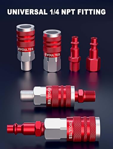 EVOULTES 16 Pieces Universal 1/4" NPT Air Hose Fittings & Coupler Kit, Lightweight Aluminium With Quick Connect Plug, Pneumatic Tool Fitting for Compressor Accessories