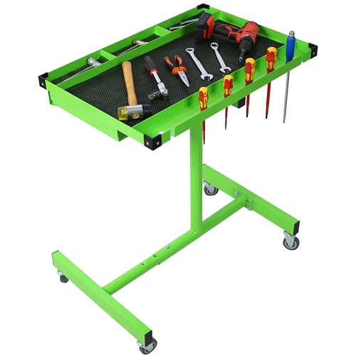 Rolling Tool Table, Heavy Duty Mobile Tool Tray Adjustable Work Table with Drawers, Rubber Corners＆Wheels, Adjustable Tear Down Work Table for Garages, Repair Shops and DIY (Green) - size: Green
