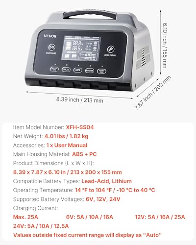 VEVOR Smart Battery Charger, 25A, 6V 12V 24V Lithium LiFePO4 Lead-Acid (Gel/AGM) Car Battery Charger, with LCD Display, Trickle Charging Maintainer Desulfator, for Car, Boat, Motorcycle, Lawn Mowers