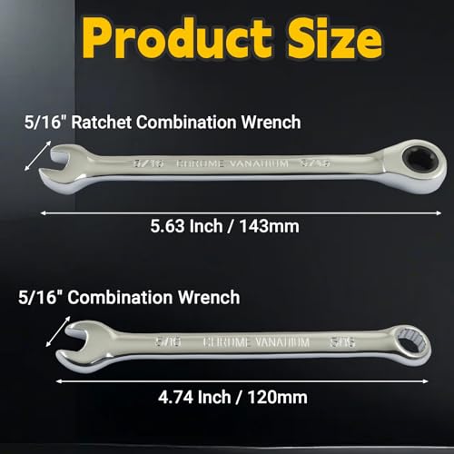 5/16 Inch Ratcheting Wrench 2 Pcs 72-Tooth 12-Point Chrome Plated | Forged 45# Carbon Steel Durable, 5-Degree Arc For Tight Spaces, 12-Point Protects Fasteners, Polished Chrome Anti-Rust - size: 5/16 Inch