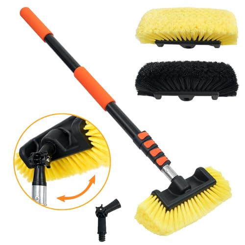 12FT Car Wash Brush with Long Handle Telescoping Extension Pole Angle Adapter with 12" Soft and Hard Bristle Scratch-Free for Cleaning Car Truck RV House Floor Window Roof Solar Panels - size: 12 FT