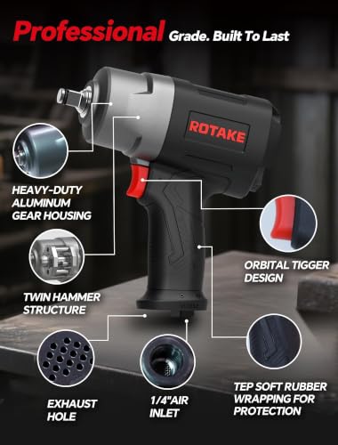ROTAKE 1/2" Air Impact Wrench, 1245 ft-lbs, Twin Hammer, RT-5274 | 8600 RPM Speed, Heavy-Duty Aluminum Hammer Case, 4.56-lb Composite Body, 3-Speed Control, Auto Repair & Tire Service - size: 1/2" (1245 ft-lbs)RT-5274