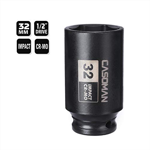 CASOMAN 1/2" Drive x 32 mm Deep 6 PT Impact Socket, CR-MO, 1/2-inch Drive 6 Point Axle Nut Socket for Easy Removal of Axle Shaft Nuts (32MM) - size: 32 mm (Deep), style: 6-Point Socket