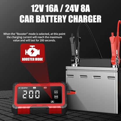 SWTsweter 16A Smart Car Battery Charger,12V/24V Maintainer & Desulfator with 200s Booster Mode - Compatible with 12.6V Lithium-Ion, LiFePO4, AGM, Gel, Lead-Acid for Truck, Motorcycle, RV, Lawn Mower