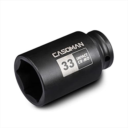 CASOMAN 1/2" Drive x 33 mm Deep 6 PT Impact Socket, CR-MO, 1/2-inch Drive 6 Point Axle Nut Socket for Easy Removal of Axle Shaft Nuts (33MM) - size: 33 mm (Deep), style: 6-Point Socket