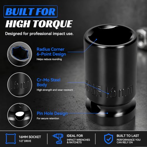 2PCS 16mm Impact Socket 1/2" Drive, 6 Point Metric Shallow Socket, CR-V Steel Heavy Duty Impact Wrench Socket for Automotive Repair - size: 16mm