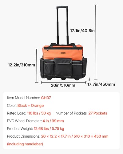 VEVOR 20" Rolling Tool Bag, 110 lbs Load Capacity, 27 Pockets Heavy Duty Roller Tool Bag on Wheels, Adjustable Telescoping Handle & Stable Base, Toolbag Organizers w/Wheels for Construction, Mechanic - size: 20 in