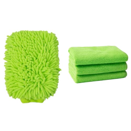 Microfiber Cleaning Cloths Car Wash Mitt and Towel Set - Super Absorbent Scratch-Free Cleaning Cloths & Glove for Auto Detailing Interior and Exterior Care - color: Green