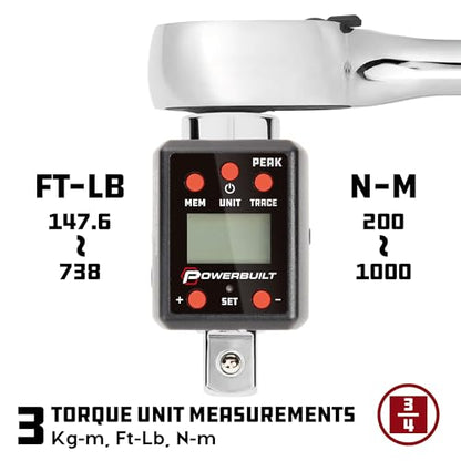 Powerbuilt 3/4-Inch Drive Digital Torque Adapter, 147.5-737.5 Ft-Lb and 200-1000 Nm, Alert Signals Torque Setting, Electronic Torque Wrench Converter with Digital Display, ±2% Accuracy - 940994 - size: 3/4 in.