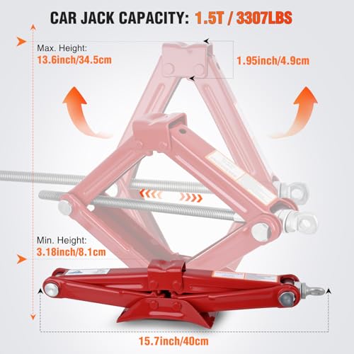 Nilight Scissor Jack for Car 1.5 Ton (3307 lbs), Heavy Duty Steel Scissor Lift Jack Car Kit with Crank Handle for Sedan SUV MPV Tire Changing, 3.18''-13.6'' Lifting Range Portable Small Jack, Red - size: 1.5T with Crank Handle, Red