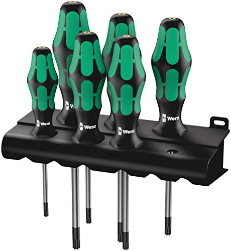 Wera 05138250001 Kraftform Plus 367/6 Torx BO Safety Screwdriver Set and Rack, With Bore Hole, 6-Piece - size: TX10x80mm, TX15x80mm, TX20x100mm, TX25x100mm, TX30x115mm, TX40x140mm, Bore Hole