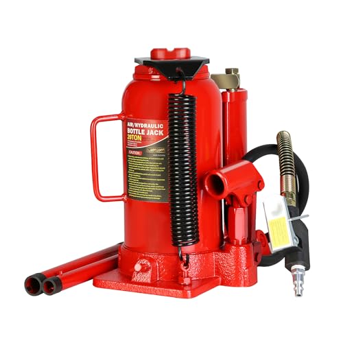 20 Ton Air Hydraulic Bottle Jack with Air-Powered or Manual Operation, One-Piece Hydraulic Cylinder Design, Air Bottle Jack with Carry Handle for Pickup Trucks, Commercial Vehicles, and Farm Equipment - color: Red