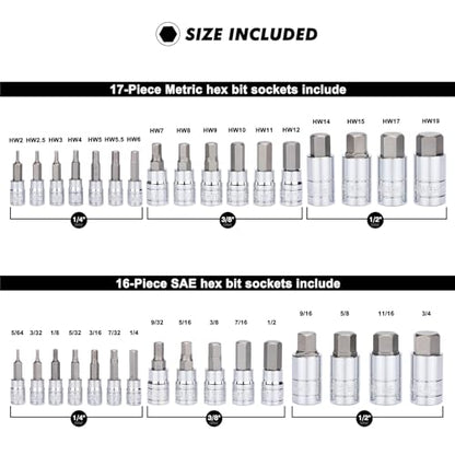 CASOMAN 33 Piece Master Hex Bit Socket Set, S2 Steel, SAE And Metric, Allen Socket Bit, 5/64-inch to 3/4-inch, 2mm to 19mm Socket Tool Kit