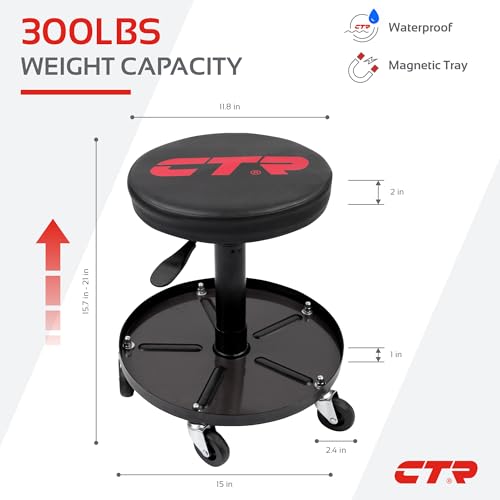 CTR Rolling Mechanic Shop Stool with Magnetic Tray, Heavy Duty Garage Stool