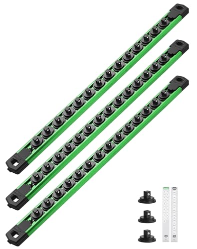 ALOANES Magnetic Socket Organizer Set, 3-Piece Heavy Duty Aluminum Socket Rails, 360° Swivel Clips Socket Rail Kit for Tool Tray Drawer Fit 1/4-Inch x 42 Clips (Green, 3PC) - color: Green, size: 3PC, 1/4-Inch Drive
