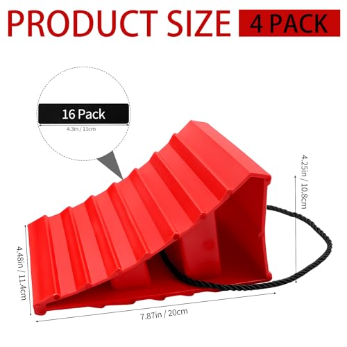 4 Pack Wheel Chocks, Heavy Duty Non Slip Wheel Chocks with Rope, Plastic Hard Wheel Stoppers Block for Camper Cars, RV Trailer, Trucks, Red - color: Red
