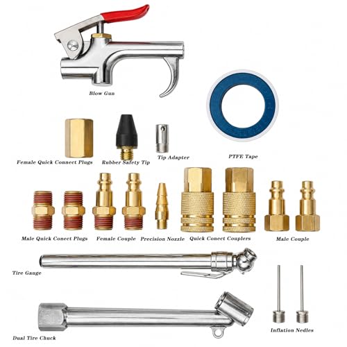 19 Pieces Air Compressor Accessories Kit, 3/8 Inch x 25FT Hybrid Air Compressor Hose Kit with 1/4 in NPT Quick Connect Air Fittings, Air Tool & Air Compressor Accessories Kit, Bend Restrictors,300 PSI