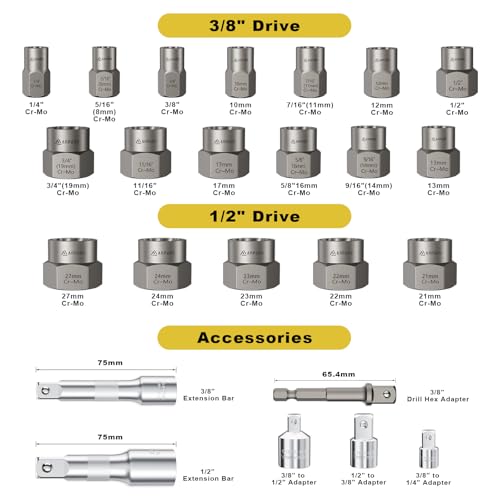 ANPUDS 24 Piece Bolt Extractor Kit, 1/2" and 3/8" Drive Impact Bolt & Nut Remover Set, Stripped Bolt Extractor Set, Lug Nut Removal Tool for Removing Damaged, Frozen, Rusted, Rounded Bolts, Nuts Screw