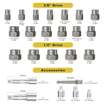 ANPUDS 24 Piece Bolt Extractor Kit, 1/2" and 3/8" Drive Impact Bolt & Nut Remover Set, Stripped Bolt Extractor Set, Lug Nut Removal Tool for Removing Damaged, Frozen, Rusted, Rounded Bolts, Nuts Screw