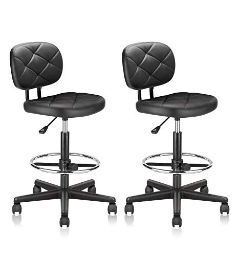 KLASIKA Tall Drafting Rolling Stool Chair with Low Back Support and Adjustable Foot Rest Ring Set of 2 PU Leather Vinly Wide Seat Swivel Standing Desk Chair for Office Home 2 Pack - color: Black With Back, size: 2PK