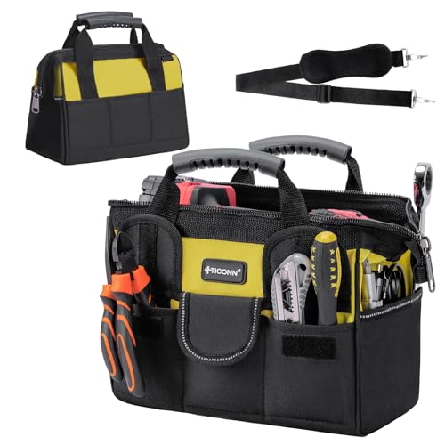TICONN Heavy Duty Tool Bag with Multi-Pockets, Portable Tool Box Organizer Storage Bag, with Adjustable Shoulder Strap and Ergonomic Handle (Yellow, 12" Standard Base) - color: Yellow, size: 12" Standard Base