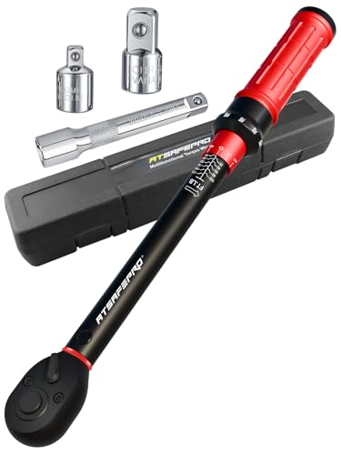3/8 Torque Wrench 10-110 Ft-lb/13.6-149.2 Nm, ±3% Accuracy Click Torque Wrench 3/8 Inch - 72 Tooth Dual Direction, Quick Release, All Matel, Extension Bar & Adapters Set for Motorcycle and Car Repair