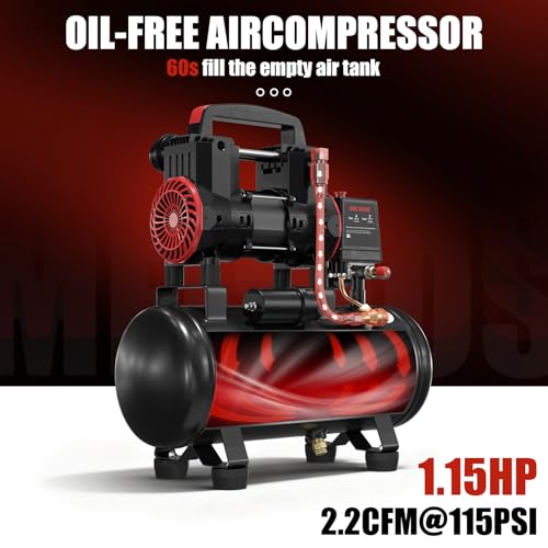Portable Air Compressor with 3 Gallon Steel Tank, 1.15 HP 2.2 CFM @ 90 PSI, 116 Max PSI Oil-Free Air Compressor for Garage, Home Use, Tire Inflation, Nail Gun, DIY Projects,110V - style: 3Gallons
