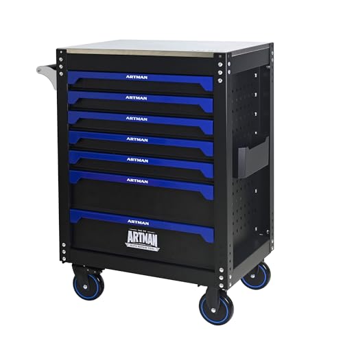 30 inch 7 Drawers Tool Cart on Wheels with Stainless Steel Worktop, Heavy Duty Rolling Drawer Tool Chest with Locking System & Locking Wheels for Garage,Warehouse,Requires Assembly (Black&Blue) - color: Black&Blue, size: 7 Drawers 26.65"Wx18.19"Dx39.17"H
