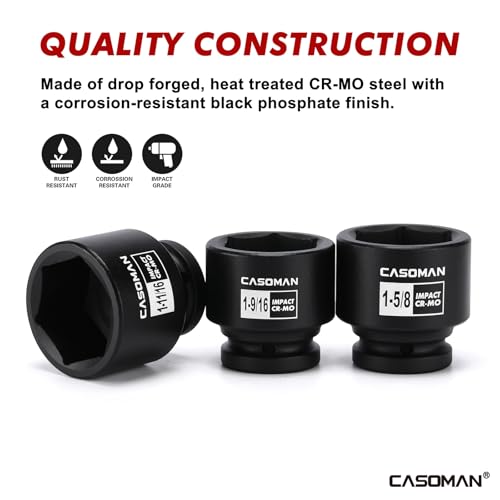 CASOMAN 29-Piece 3/4" Drive Shallow Spindle Axle Nut Impact Socket Set, 6-Point, Standard Large Socket Set, SAE (3/4" to 2-1/2"), CR-MO Steel, with Storage Case - size: 29 PCS (3/4" to 2-1/2")