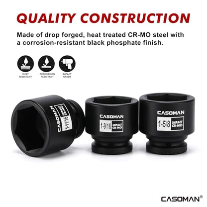 CASOMAN 29-Piece 3/4" Drive Shallow Spindle Axle Nut Impact Socket Set, 6-Point, Standard Large Socket Set, SAE (3/4" to 2-1/2"), CR-MO Steel, with Storage Case - size: 29 PCS (3/4" to 2-1/2")