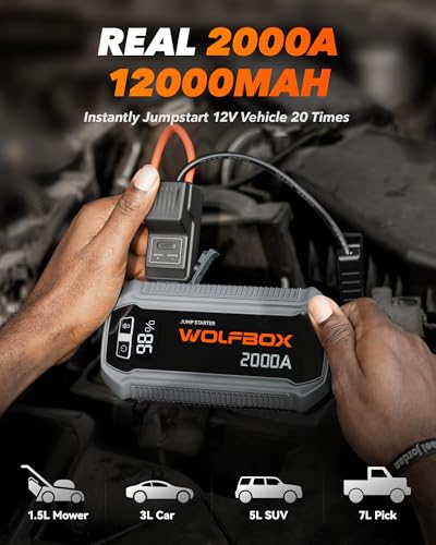 WOLFBOX 2000A Jump Starter, 44.4Wh Battery Jumper Starter Portable with LED Display, 12V Car Battery Jump Starter Pack (7L Gas 6L Diesel Engine) with Booster, LED Light, Jumper Cables (NO Adapter) - size: 2000A