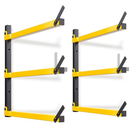 GREENER Lumber Storage Rack Folding Wood Storage Racks Wall-Mounted Metal Racks for Storage with 3-Level Heavy Duty Garage Wood Organizer for Woodworking Shop Indoor & Outdoor Use, 2 pairs,Yellow - style: 2 Pack-3 Level