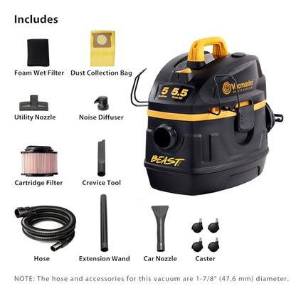 Vacmaster Professional Beast Series VFB511H 0201 5-Gallon 5.5 Peak HP Wet/Dry Vac, Black - size: 5 Gallons
