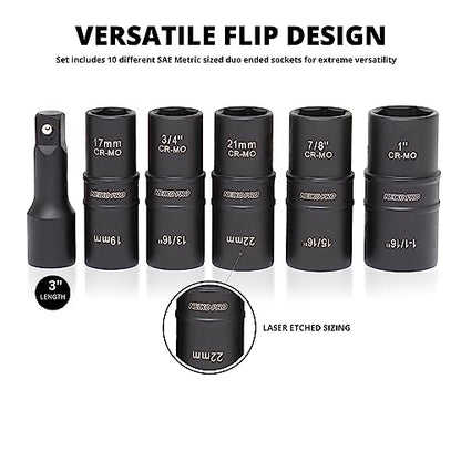 NEIKO 02287B 6-Pc 1/2-Inch-Drive Impact Socket Set, 10 SAE & Metric Sizes, Thin Wall Wheel Lug Nut Socket Set, Cr-Mo, 3-Inch Extension Bar, 6-Point, 19 & 21mm Sockets - size: 6 Piece, style: Flip Socket
