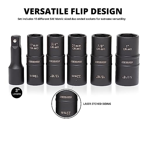 NEIKO 02287B 6-Pc 1/2-Inch-Drive Impact Socket Set, 10 SAE & Metric Sizes, Thin Wall Wheel Lug Nut Socket Set, Cr-Mo, 3-Inch Extension Bar, 6-Point, 19 & 21mm Sockets - size: 6 Piece, style: Flip Socket