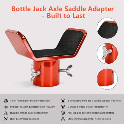 Adjustable Bottle Jack Adapter with Triple-Lock – 1/4" Steel V-Shaped Axle Saddle for 2T-12T Bottle Jacks, Fits 3" & 4" Axle Tubes for Stable, Wobble-Free Support on RVs, Trucks, Trailers
