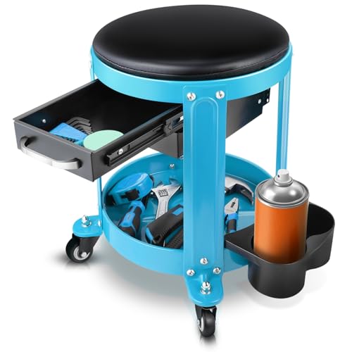 Auto Dynasty Round Mechanics Roller Seat, 300 LBS Capacity Rolling Creeper Garage Shop Seat with Drawers and Tool Tray, Mechanic Stool with Removable Padded Seat for Workshop Auto Repair, Blue - color: Blue