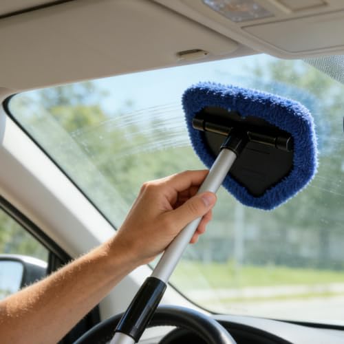 Microfiber Car Windshield Cleaning Tool with Extendable Handle,Car Defogging Glass Cleaning Brush with 4 Reusable Microfiber Pads 1 Spray Bottle and 1 Car Dust Removal Brush. (Blue) - color: blue