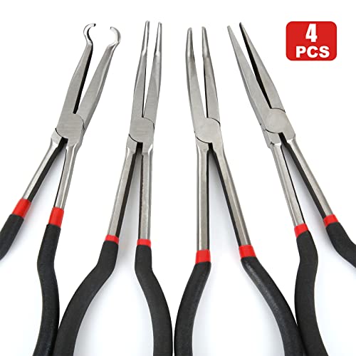 Long Needle Nose Pliers Set - 4 in 1 Bent Needle Nose Pliers 90 Degree - 11 inch Spark Plug Wire Removal Tool for Wire Bending,Shaping,Trimming - style: 4 in 1