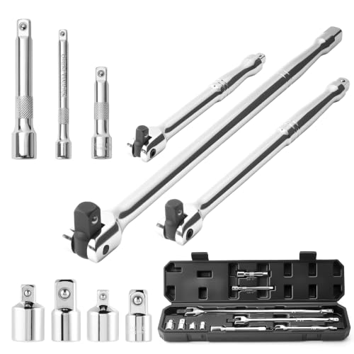 10PC Breaker Bar Set, Dual-end 3 Extension Bars, 3/8", 1/2" 1/4" Drive | 3/8", 1/2" and 1/4" Drive, 180° Rotatable Head, 6'', 10'', 15'' Length, 3 Extension Bars, Organizer Case - style: Dual-ended
