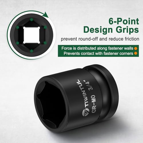 3/4" Shallow Impact Socket 1/2 Inch Drive for Wheel Lug Nuts & Axle Nuts | CR-MO Steel Impact Socket, 6 Point Design, 1.5" Length, SAE Size Socket for Automotive and Industrial Equipment Maintenance - size: 3/4" (Standard)