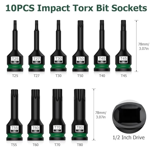 JiGiU 10PCS 1/2" Drive Impact Torx Bit Socket Set S2 Steel Star Sockets Star Bit Socket T25, T27, T30, T40, T45, T50, T55, T60, T70, T80 with Storage Case for Professional Mechanic and Auto Repair - size: Torx