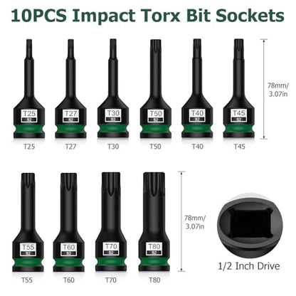 JiGiU 10PCS 1/2" Drive Impact Torx Bit Socket Set S2 Steel Star Sockets Star Bit Socket T25, T27, T30, T40, T45, T50, T55, T60, T70, T80 with Storage Case for Professional Mechanic and Auto Repair - size: Torx